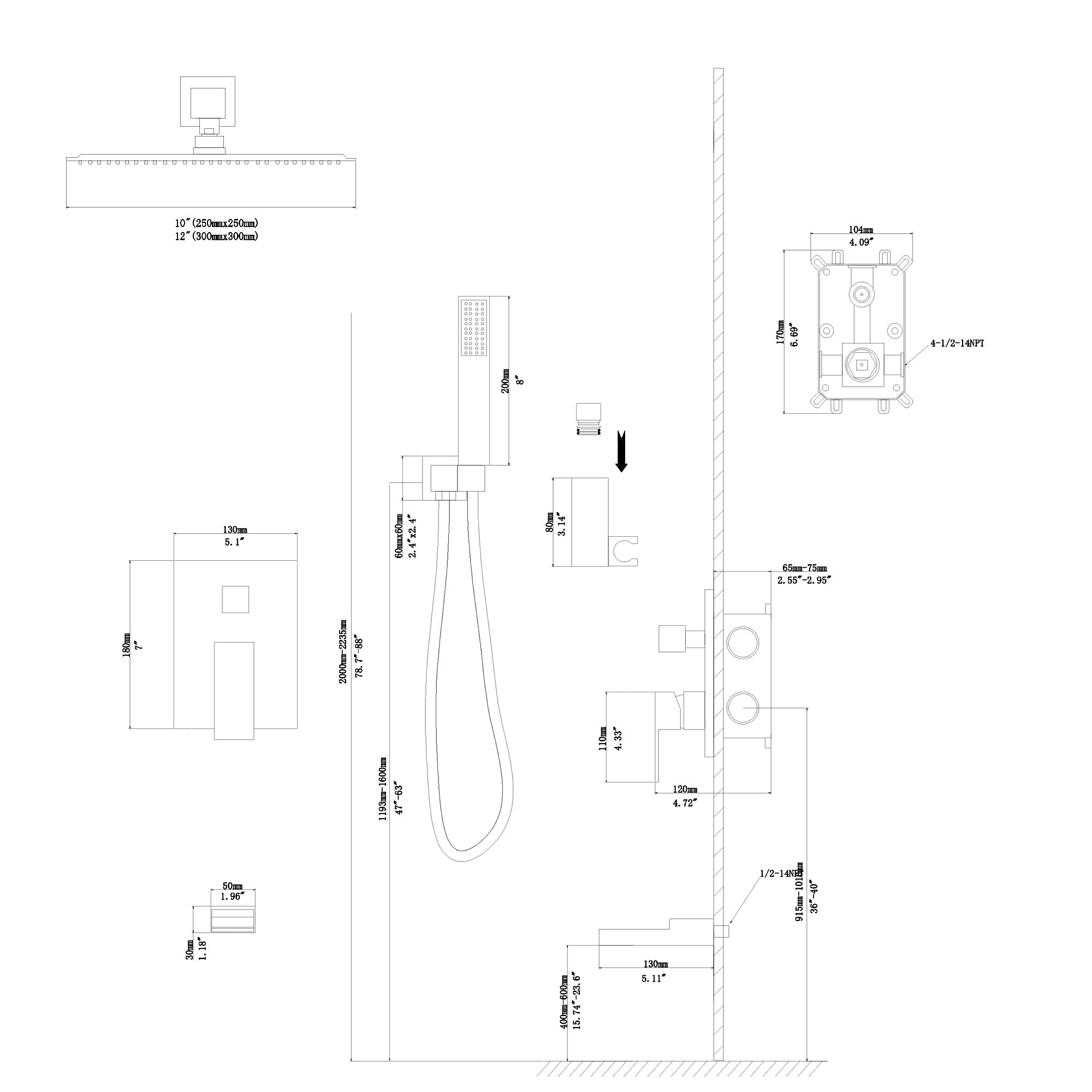 Lordear 12" Stainless steel Square Wall Mounted Rainfall Shower Head with Handheld Shower and Waterfall Faucet from Lordear