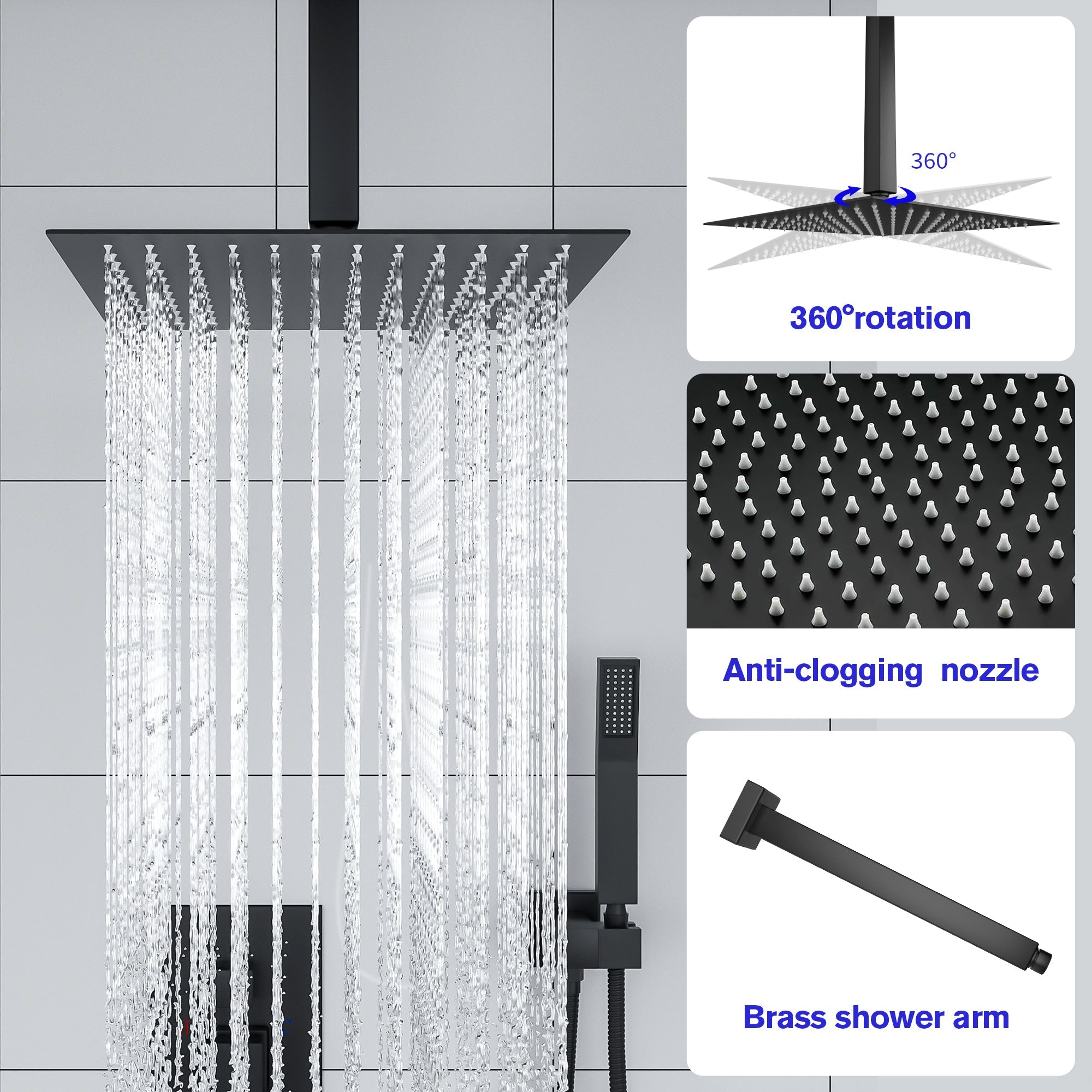 Lordear 12" Stainless Steel Wall Mounted Square Rainfall Shower Head System Faucet Set from Lordear