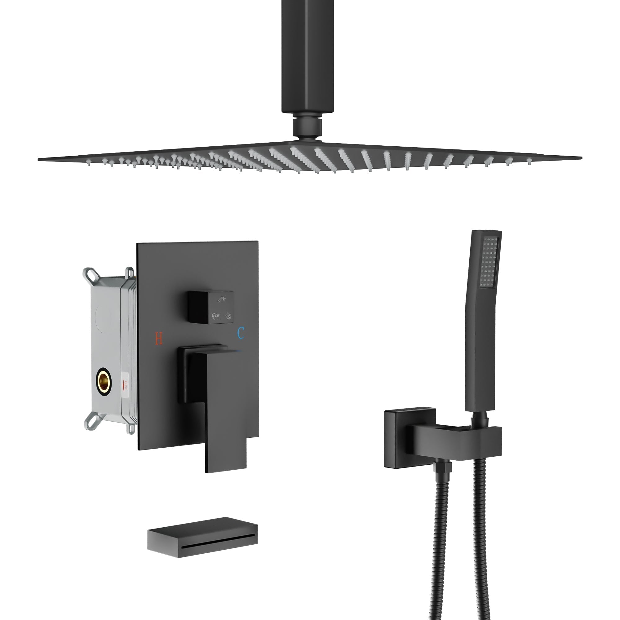 Lordear 12" Stainless Steel Wall Mounted Square Rainfall Shower Head System Faucet Set from Lordear