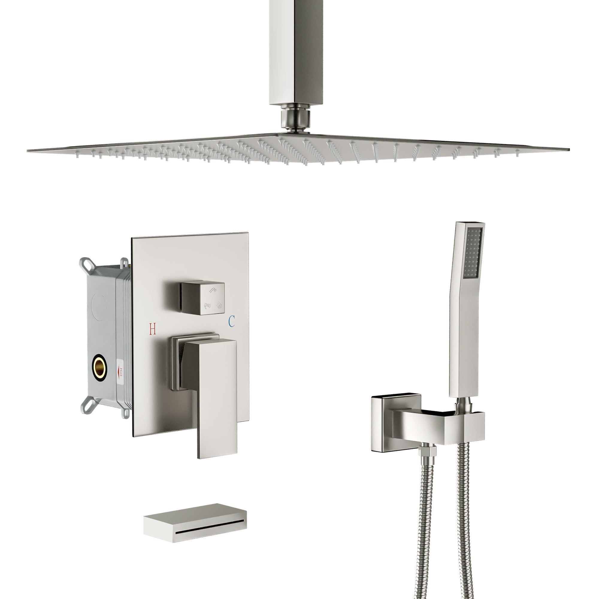Lordear 12" Stainless Steel Wall Mounted Square Rainfall Shower Head System Faucet Set from Lordear