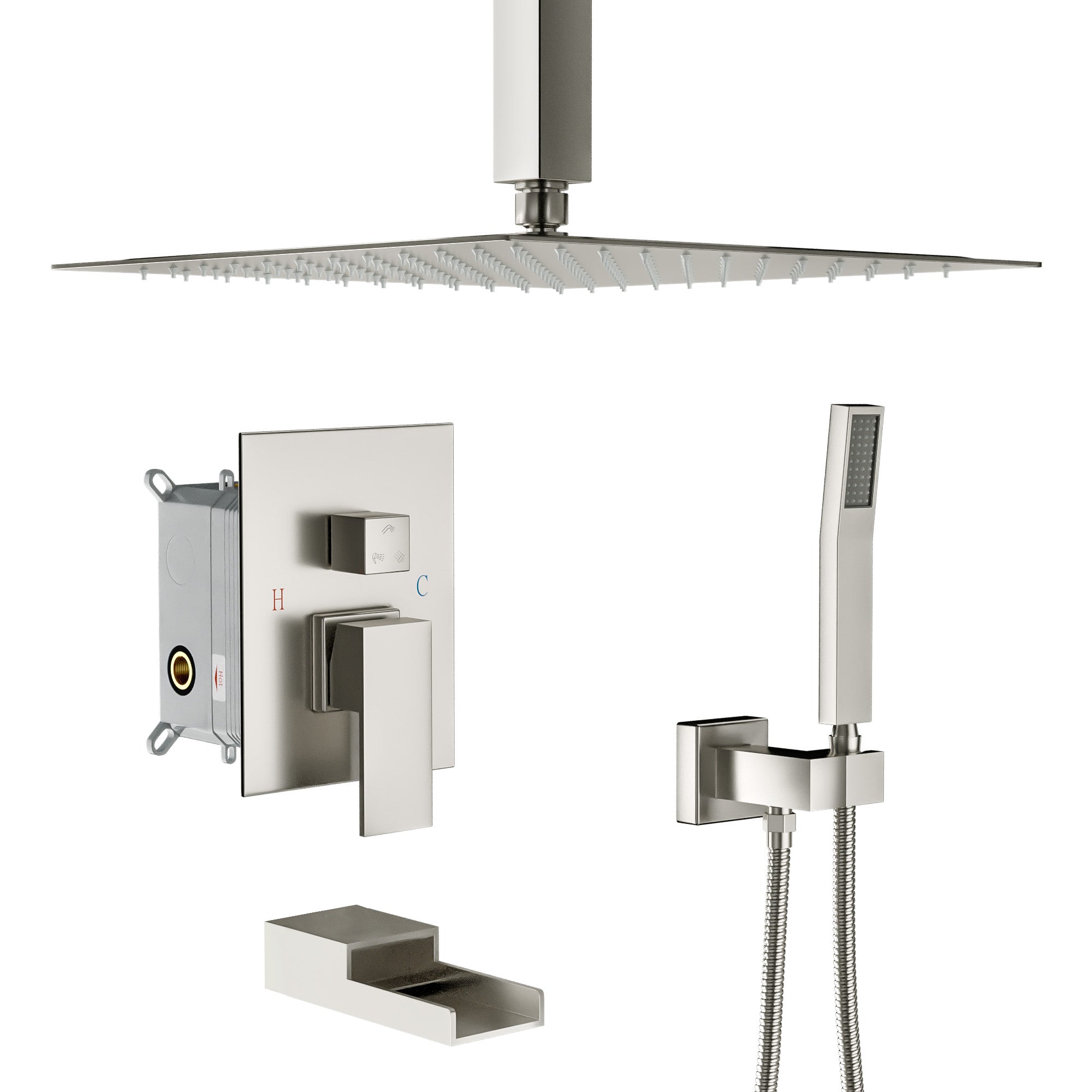Lordear Stainless Steel Ceiling Mounted Rainfall Shower Head System with Waterfall Faucet from Lordear