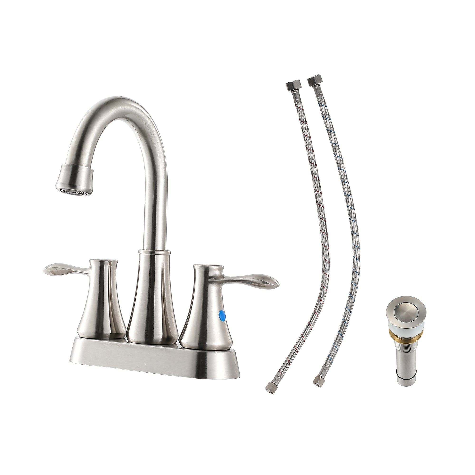 Lordear Brass Brushed Nickel Dual Handle Bathroom Faucet with Pop-Up Drain And Water Hoses from Lordear