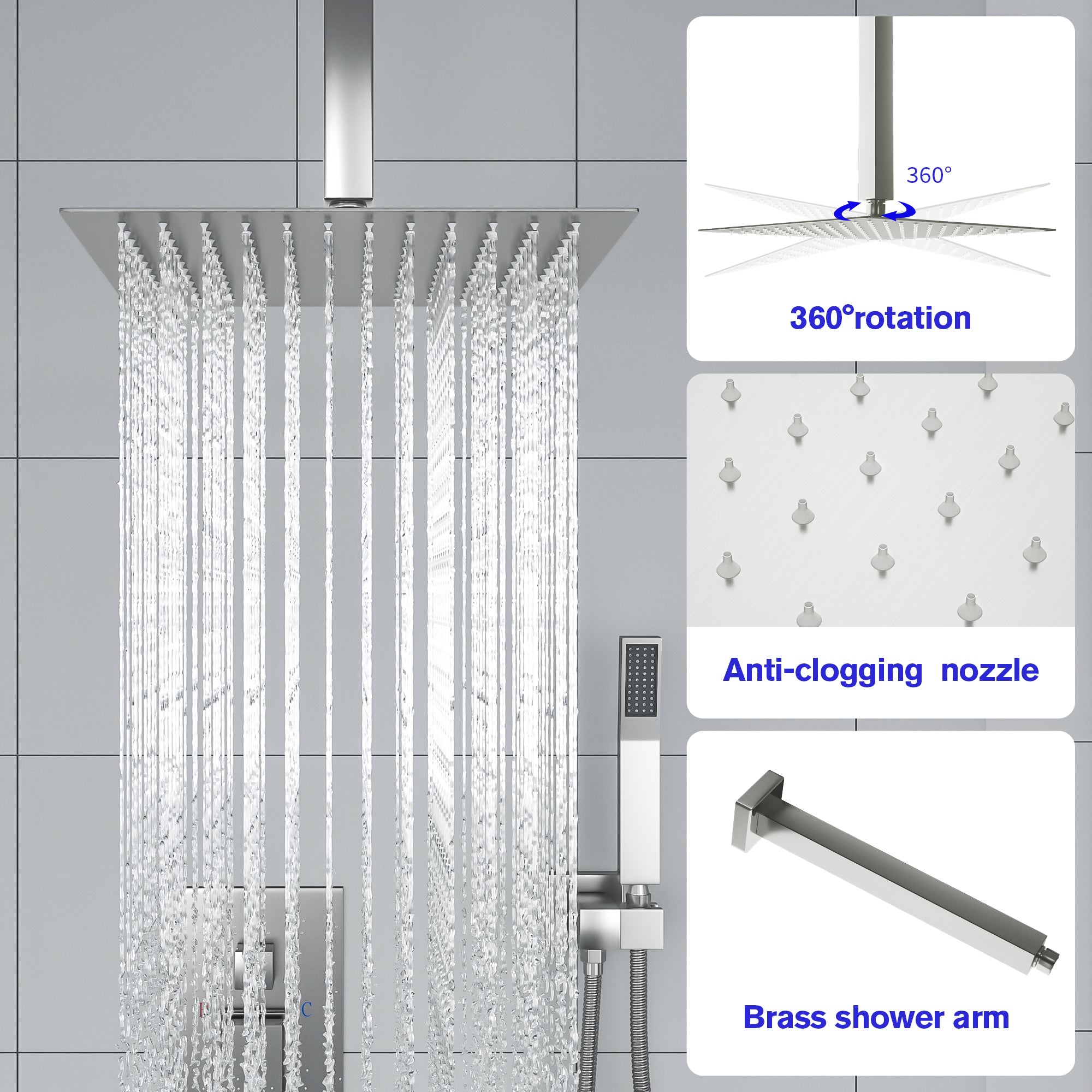 Lordear Stainless Steel Ceiling Mounted Rainfall Shower Head System with Waterfall Faucet from Lordear