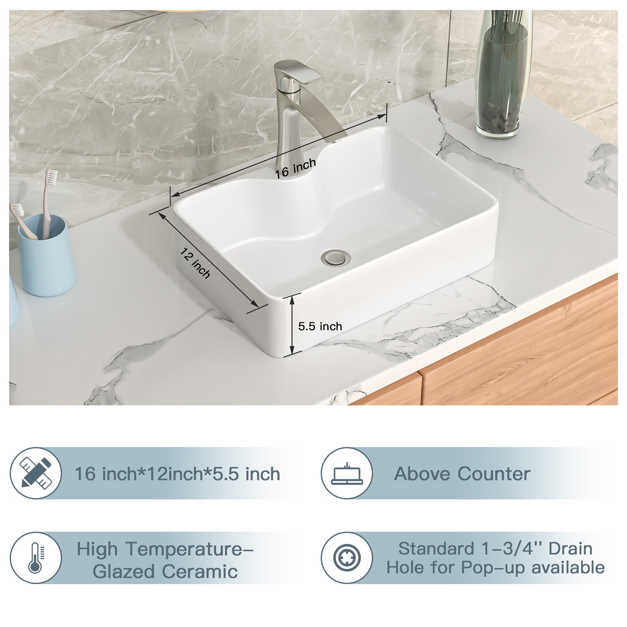 Lordear 16" W X 12" D White Ceramic Vessel Bathroom Sink with Faucet Hole from Lordear