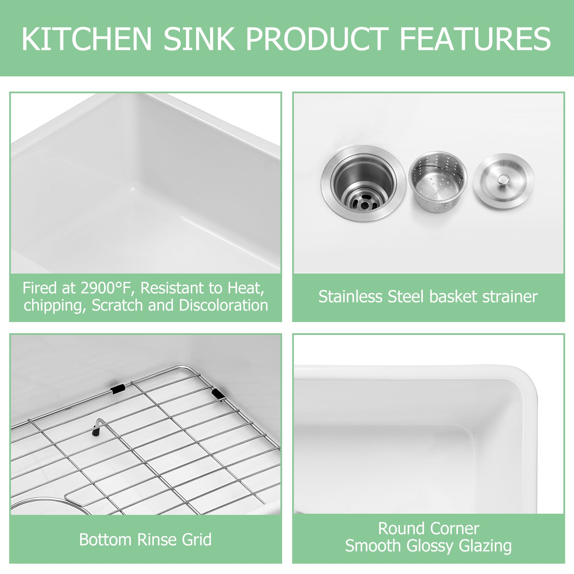 Lordear 33'' Fireclay Porcelain Ceramic White  Apron Front Single Bowl Farmhouse Kitchen Sink  from Lordear