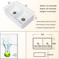 Lordear 32" x 20" Ceramic Apron Front Double Equal Bowl Farmhouse Kitchen Sink from Lordear
