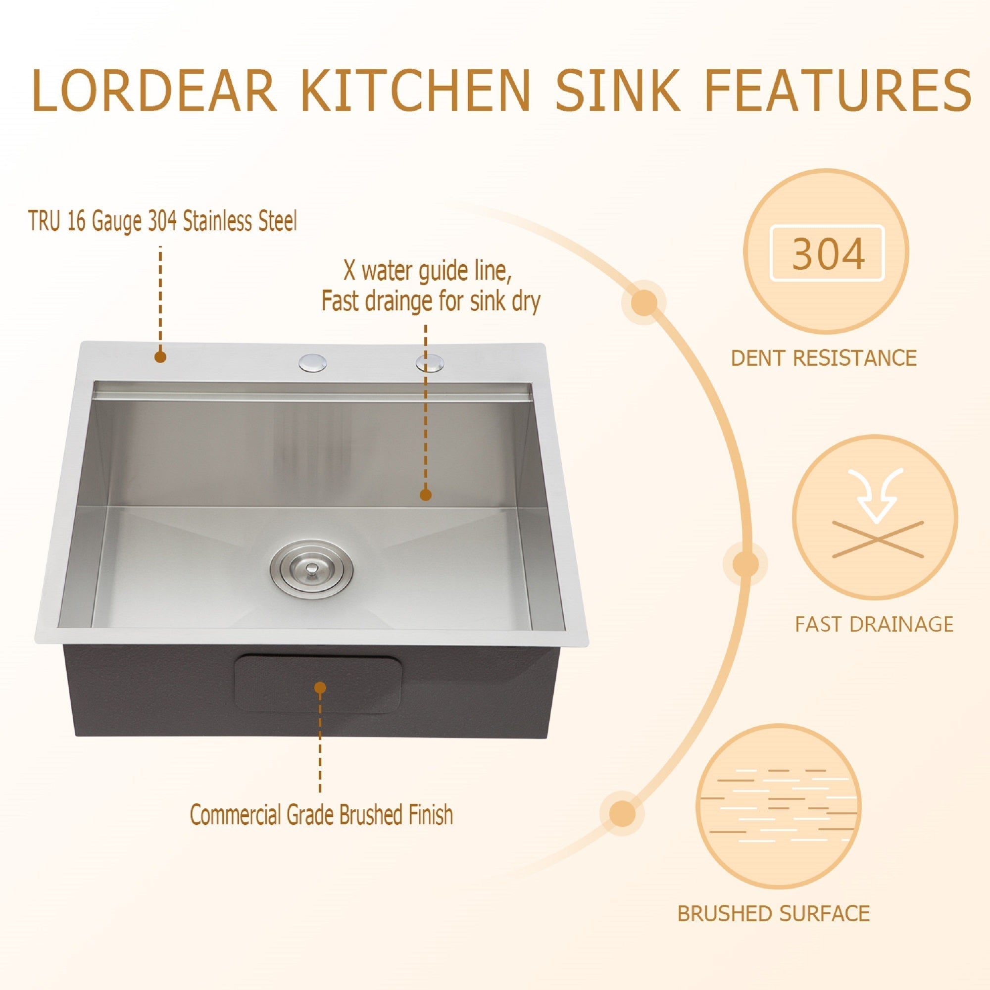 Lordear 25'' Stainless Steel Single Bowl Topmount Workstation Kitchen Sink from Lordear