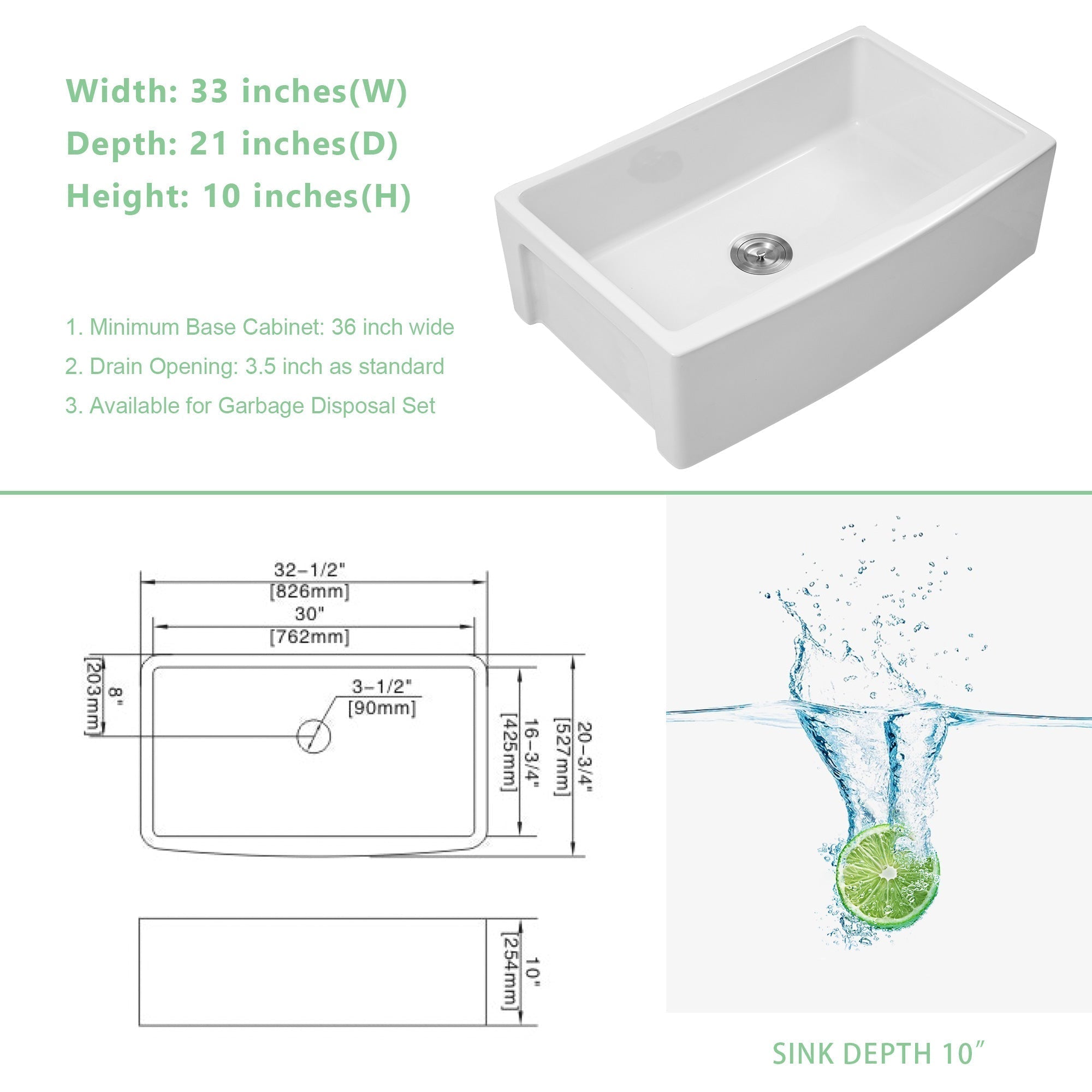 Lordear 33'' Fireclay Porcelain Ceramic White  Apron Front Single Bowl Farmhouse Kitchen Sink  from Lordear