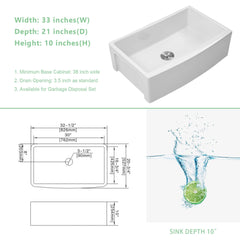 Lordear 33'' Fireclay Porcelain Ceramic White  Apron Front Single Bowl Farmhouse Kitchen Sink  from Lordear