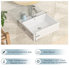 Lordear 20" x 18" White Rectangle Ceramic Wall Mount Bathroom Sink from Lordear