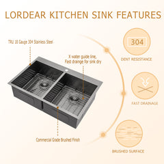 Lordear 33'' x 22'' Stainless Steel Topmount 50/50 Double Bowl Kitchen Sink