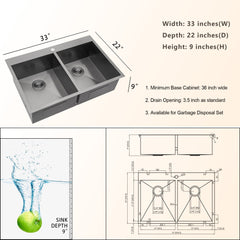 Lordear 33'' x 22'' Stainless Steel Topmount 50/50 Double Bowl Kitchen Sink