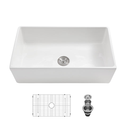 30in W x 18in D Farmhouse Kitchen Sink with Accessories White Ceramic Apron Front  from Lordear