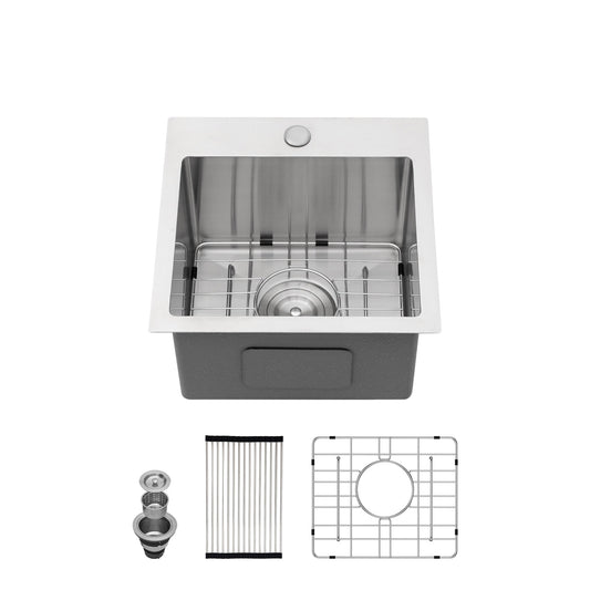 Lordear 15'' x 15'' Drop In Prep RV Single Bowl Stainless Steel Bar Sink