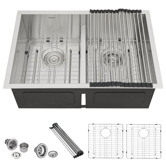 Lordear 28 Inch Undermount Kitchen Sink Low Divide Double Bowl 50/50 Sink 16 Gauge Stainless Steel Kitchen Sink  from Lordear