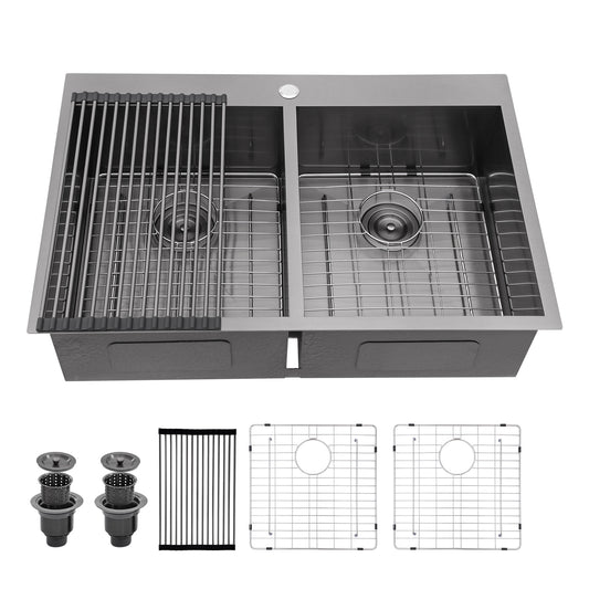 Lordear 33'' x 22'' Stainless Steel Topmount 50/50 Double Bowl Kitchen Sink