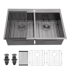 Lordear 33'' x 22'' Stainless Steel Topmount 50/50 Double Bowl Kitchen Sink