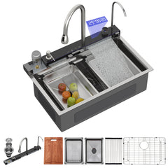 Lordear 30'' Stainless Steel Drop In Waterfall Single Bowl Digital Display Workstation Kitchen Sink
