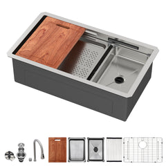 Lordear  33 Inch Undermount Single Bowl Waterfall Stainless Steel Workstation Kitchen Sink With Faucet