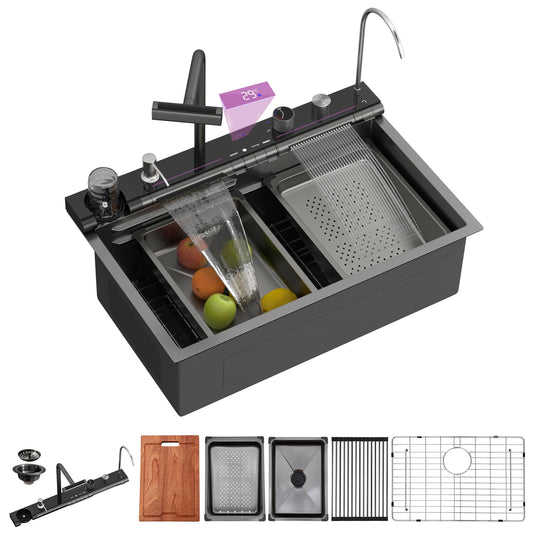 Lordear Drop-in Single Bowl Waterfall Stainless Steel Workstation Kitchen Sink with Digital Display in Honeycomb Finish