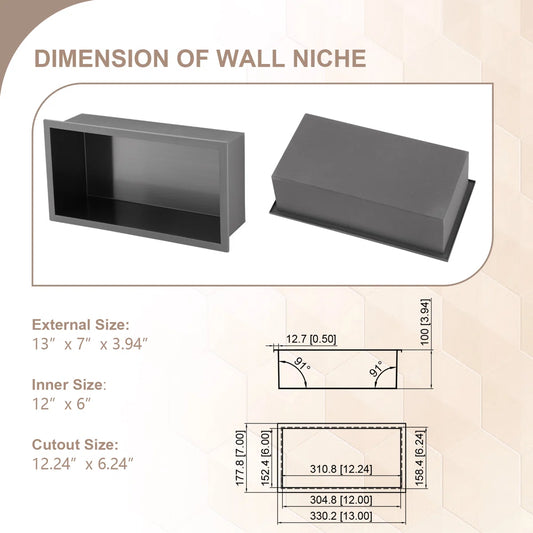 Lordear 12''  x 6'' Black Recessed Wall Stainless Steel Shower Niche