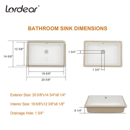 Lordear 18x12.5 Inch Bathroom Vanity Sink Undermount Rectangle White Porcelain Ceramic Bathroom Under Counter Lavatory Vanity Sink Basin with Overflow | Bathroom Sink, Bathroom Vessel Sink, Big Deal | Lordear