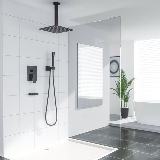 Lordear 12'' matte-black Stainless Steel Square Wall Mounted Shower System-Rainfall Faucet Set