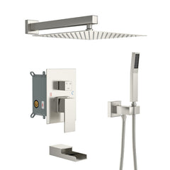 Lordear Stainless Steel Wall Mounted Rainfall Shower System with Handheld and Waterfall Faucet