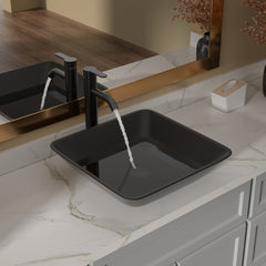 Lordear Tempered Glass Rectangular Matte Black Vessel Bathroom Sink with Faucet and Drain