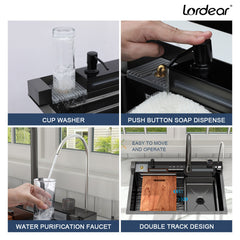 Lordear  33 Inch Undermount Single Bowl Waterfall Stainless Steel Workstation Kitchen Sink With Faucet