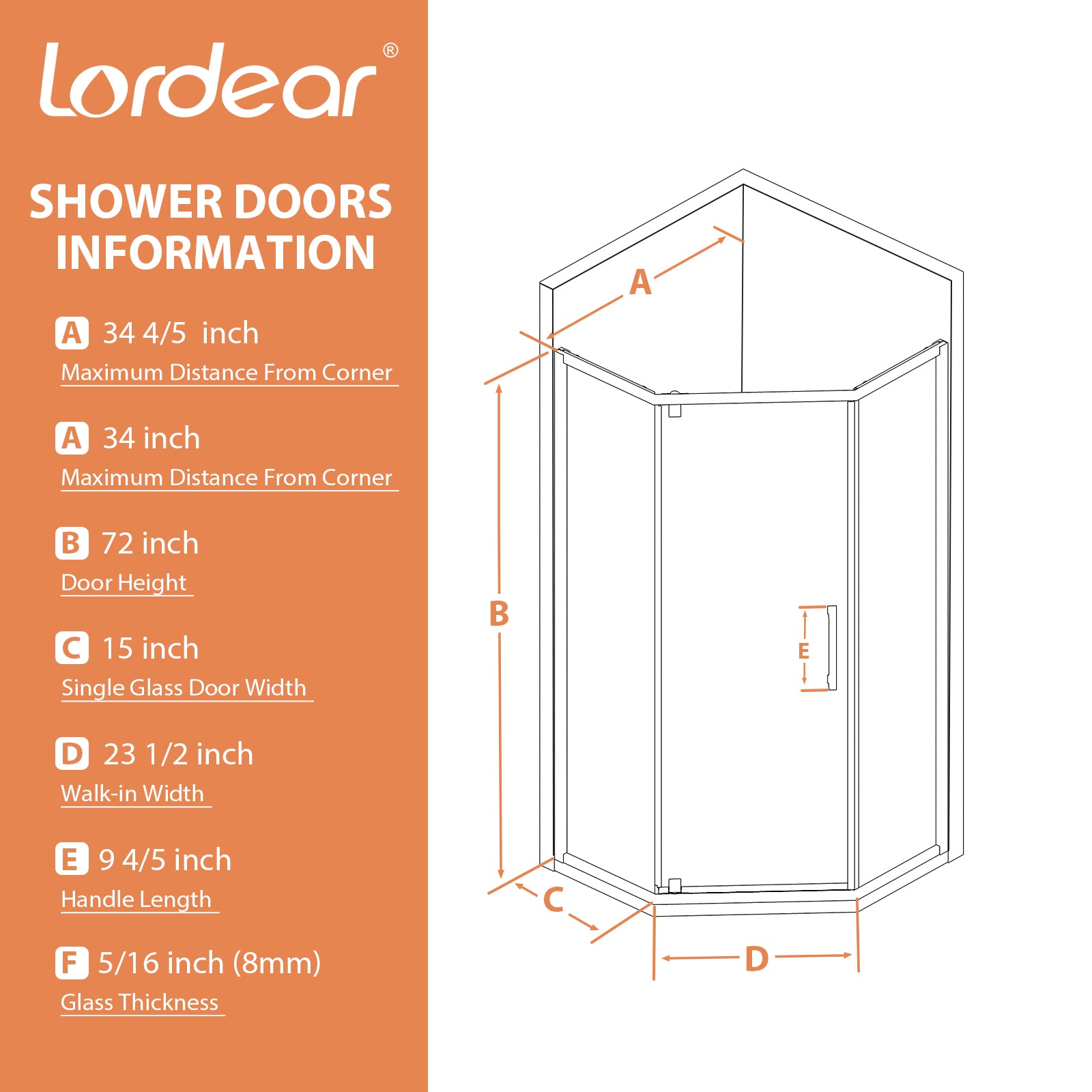 Lordear 72'' Tempered Glass Frameless Corner Frame Shower Door