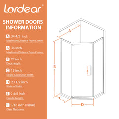 Lordear 72'' Tempered Glass Frameless Corner Frame Shower Door