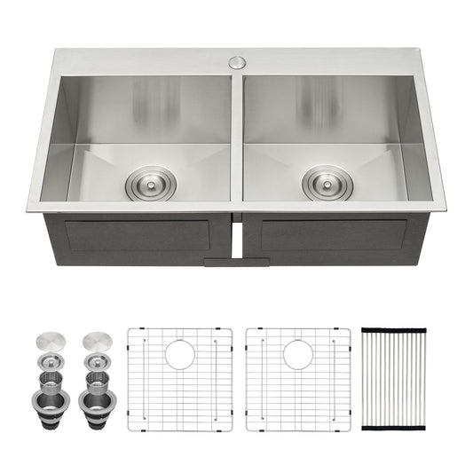 Lordear 33'' x 22'' Stainless Steel Topmount 50/50 Double Bowl Kitchen Sink