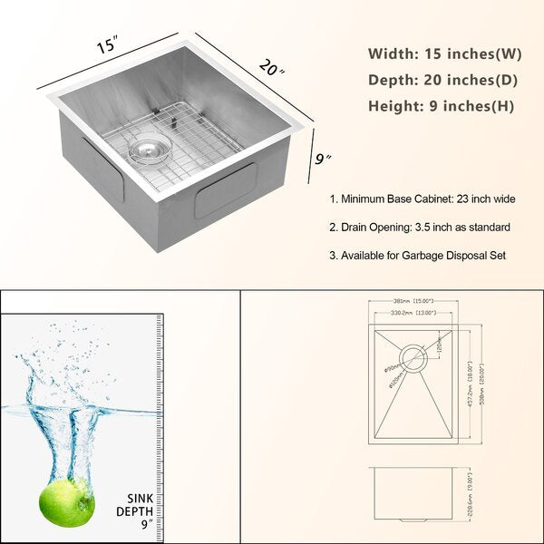 15in L Undermount Single Bowl Stainless Steel Kitchen Sink  from Lordear