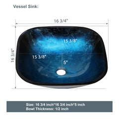 Lordear 16'' Glass Bathroom Vessel Sink Blue Tempered Glass Above Counter Sink with Pop up Drain