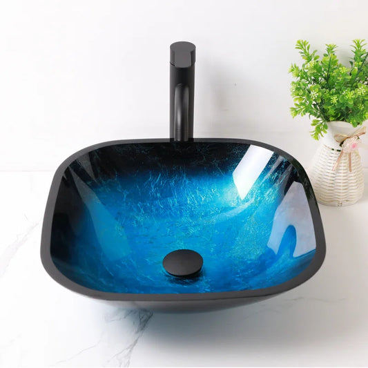 Lordear 16'' Glass Bathroom Vessel Sink Blue Tempered Glass Above Counter Sink with Pop up Drain