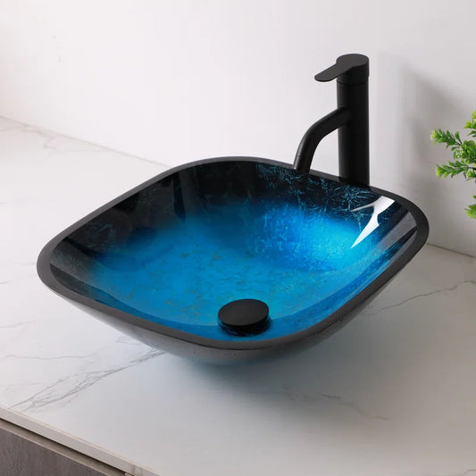 Lordear 16'' Glass Bathroom Vessel Sink Blue Tempered Glass Above Counter Sink with Pop up Drain