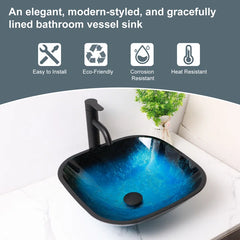 Lordear 16'' Glass Bathroom Vessel Sink Blue Tempered Glass Above Counter Sink with Pop up Drain