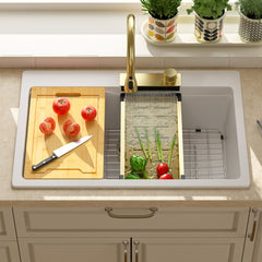 Lordear 33'' x 22'' Drop-in Waterfall Single Bowl Quartz Workstation Kitchen Sink