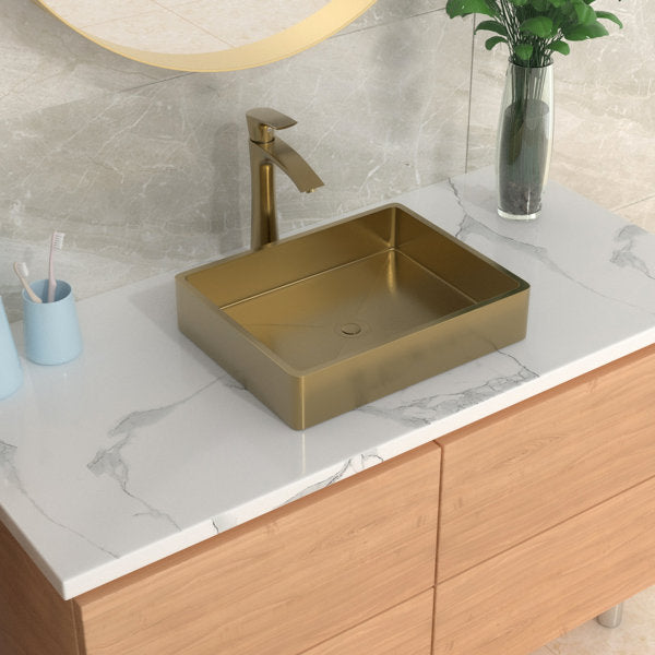 19in L X 15in W Stainless Steel Rectangular Bathroom Sink Above Couter Art Basin with Pop Up Drain-Brushed Gold  from Lordear