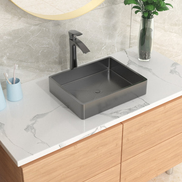 19in L X 15in W Stainless Steel Rectangular Bathroom Sink Above Couter Art Basin with Pop Up Drain-Gunmetal Black  from Lordear