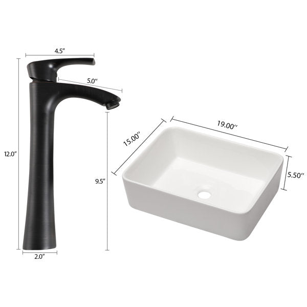 19in x 15in Bathroom Vessel Sink White Ceramic Rectangle Bathroom Sink White Vessel Sink with Faucet  from Lordear