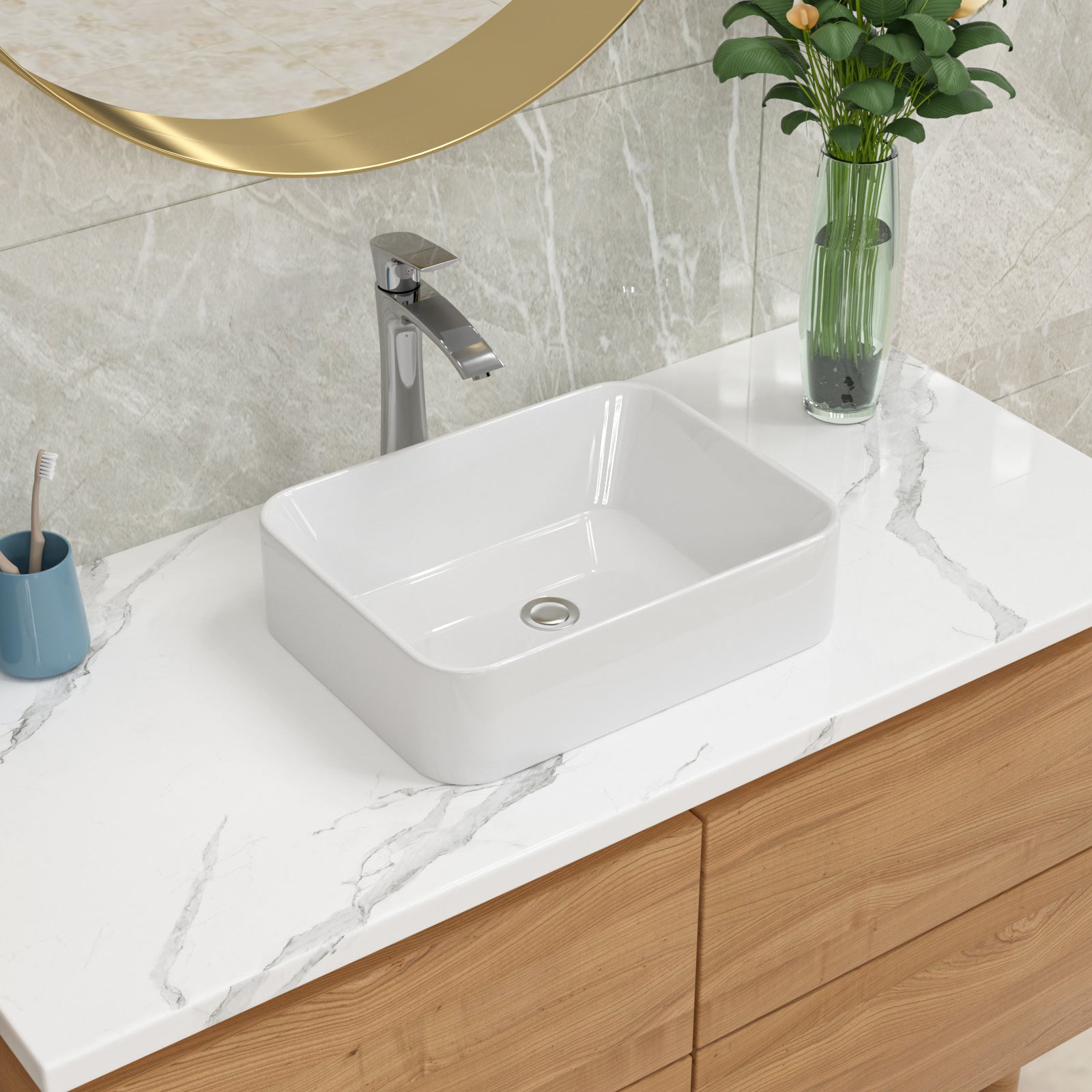 19in W X 15in D Bathroom Vessel Sink with Sink Faucet Above Counter White Ceramic Modern Classic  from Lordear