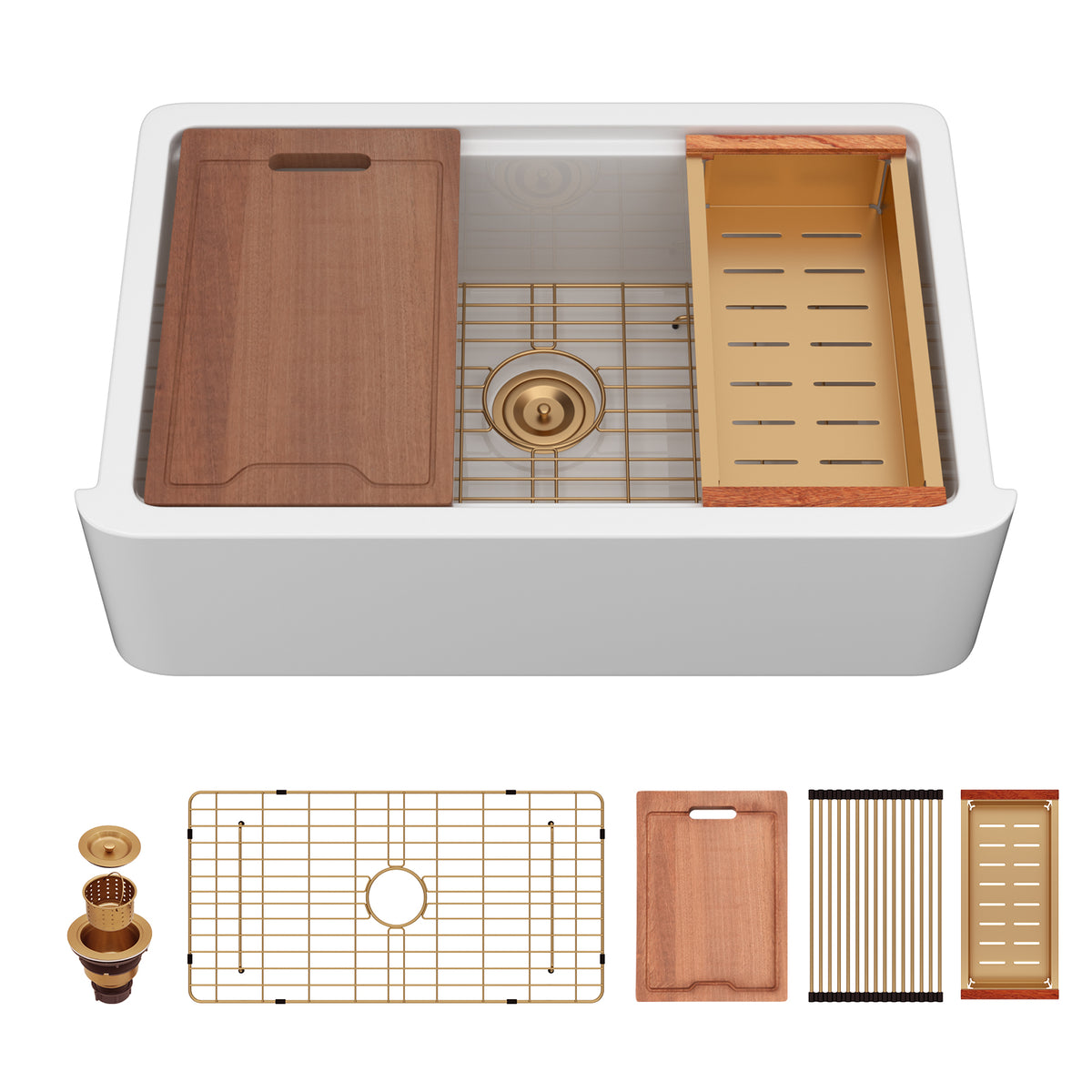 Lordear 33'' Ceramic Apron Front Step Single Bowl Kitchen Sink with Gold Drain Strainer & Complete Workstation Accessories