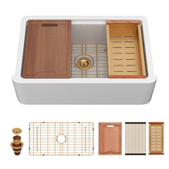 Lordear 33'' Ceramic Apron Front Step Single Bowl Kitchen Sink with Gold Drain Strainer & Complete Workstation Accessories