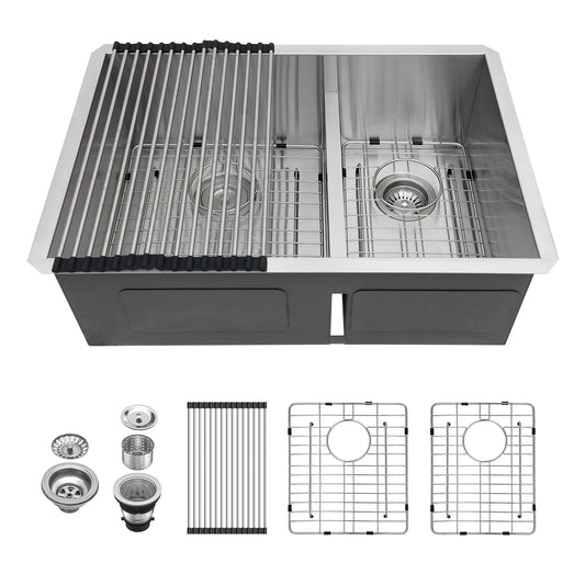 Lordear Stainless Steel Double Bowl Undermount Low Divide Kitchen Sink