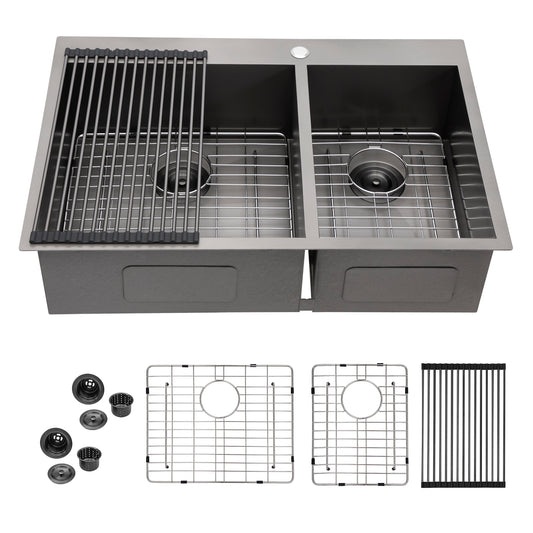 Lordear 33" x 22" Stainless Steel Black 60/40 Double Bowl Drop-In Kitchen Sink  from Lordear 2000