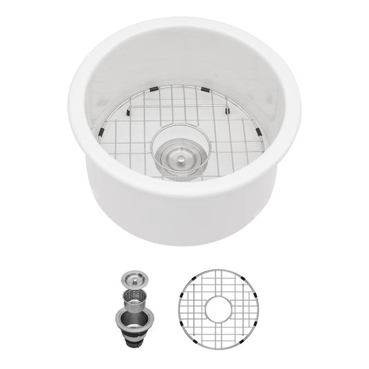 18 Inch Round Ceramic Kitchen Sink Undermount Kitchen Sink Circular White Ceramic Single Bowl Sink Bar Sink with Grid and Basket Strainer  from Lordear