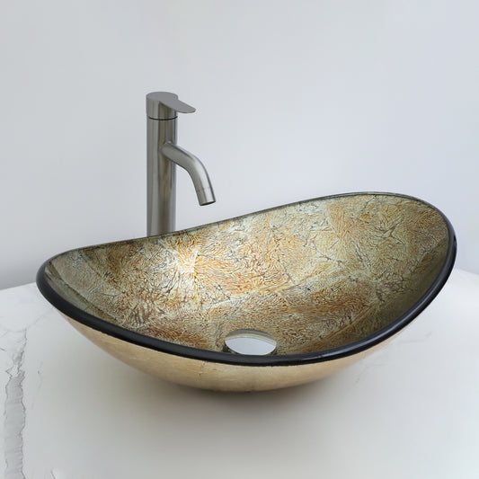 Lordear Champagne Boat  Tempered Glass Bathroom Vessel Sink with  Pop-up Drain