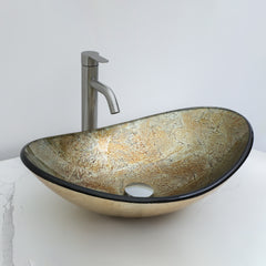 Lordear Champagne Boat  Tempered Glass Bathroom Vessel Sink with  Pop-up Drain